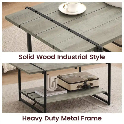 2-Tier Modern Industrial 41 Large Wood Coffee Table with Storage Shelf