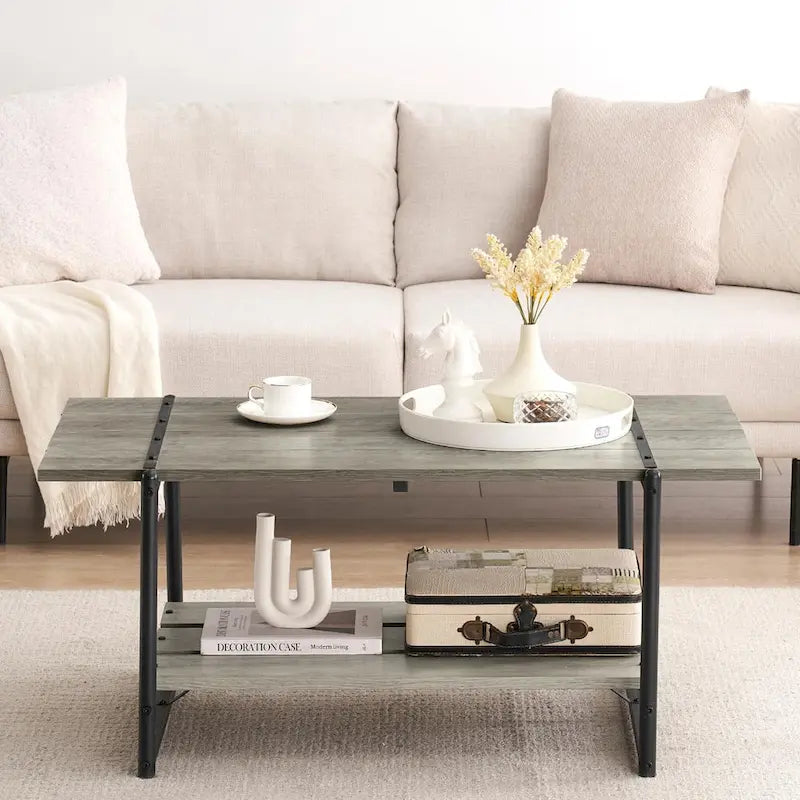 2-Tier Modern Industrial 41 Large Wood Coffee Table with Storage Shelf