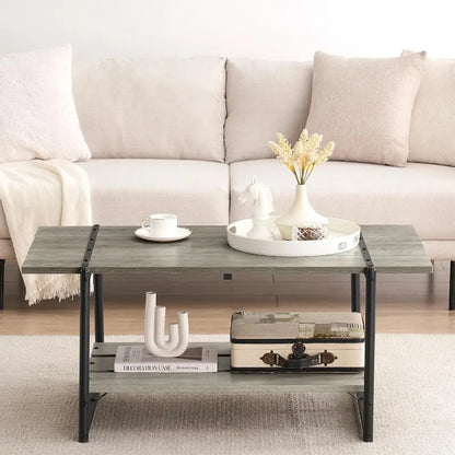 2-Tier Modern Industrial 41 Large Wood Coffee Table with Storage Shelf