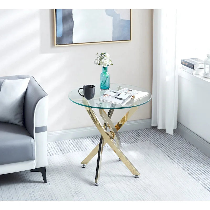 Modern Round Tempered Glass End Table with Stainless Steel Legs