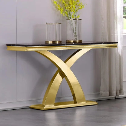 50 inch Rectangle Console Table with Luxurious Stainless Steel X Base and High Gloss Top