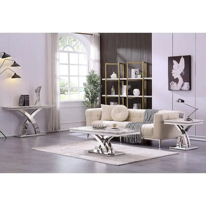 50 inch Rectangle Console Table with Luxurious Stainless Steel X Base and High Gloss Top