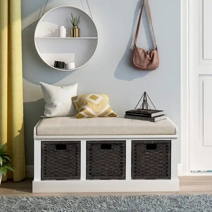 Rustic Storage Bench with 3 Removable Classic Rattan Basket , Entryway Bench with Removable Cushion
