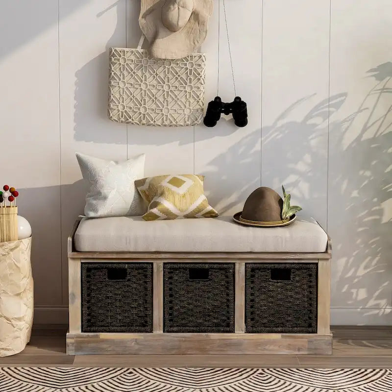 Rustic Storage Bench with 3 Removable Classic Rattan Basket , Entryway Bench with Removable Cushion