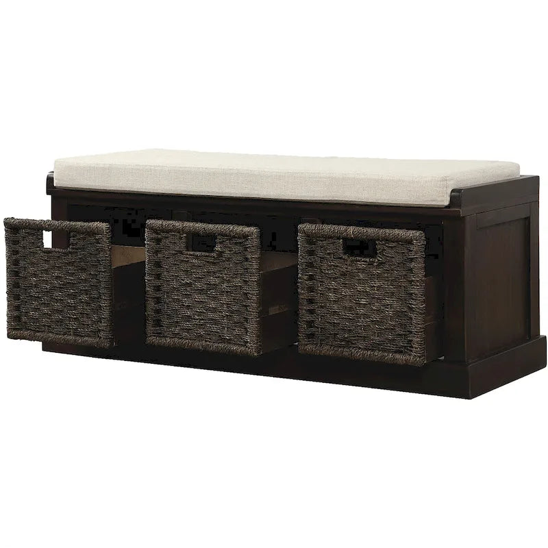 Rustic Storage Bench with 3 Removable Classic Rattan Basket , Entryway Bench with Removable Cushion