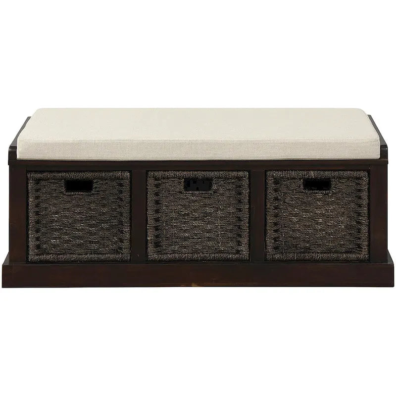 Rustic Storage Bench with 3 Removable Classic Rattan Basket , Entryway Bench with Removable Cushion