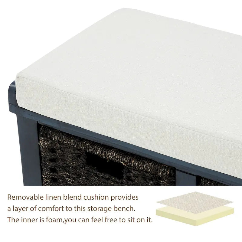 Rustic Storage Bench with 3 Removable Classic Rattan Basket , Entryway Bench with Removable Cushion