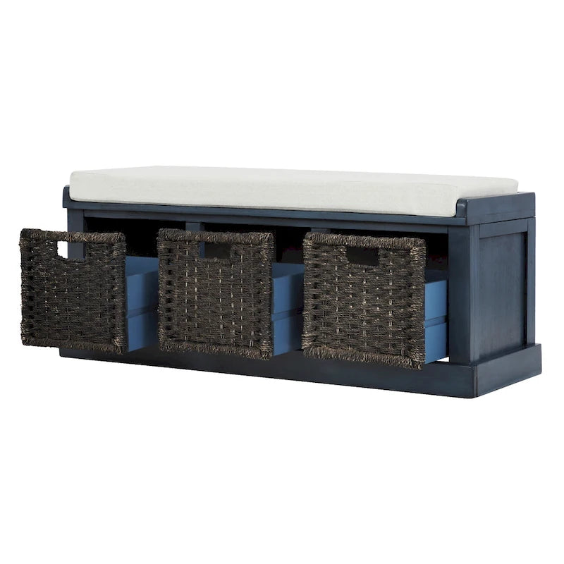 Rustic Storage Bench with 3 Removable Classic Rattan Basket , Entryway Bench with Removable Cushion