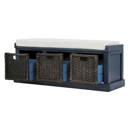 Rustic Storage Bench with 3 Removable Classic Rattan Basket , Entryway Bench with Removable Cushion