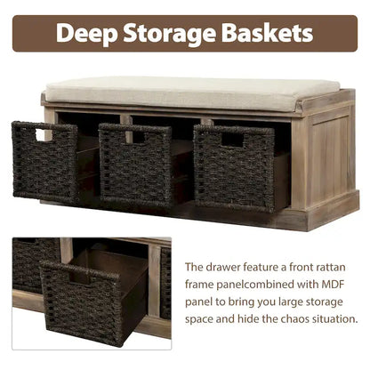 Rustic Storage Bench with 3 Removable Classic Rattan Basket , Entryway Bench with Removable Cushion