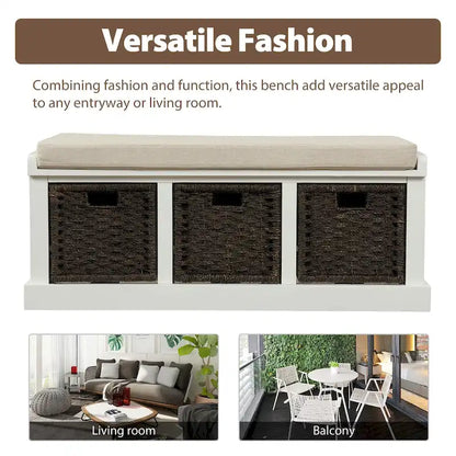 Rustic Storage Bench with 3 Removable Classic Rattan Basket , Entryway Bench with Removable Cushion