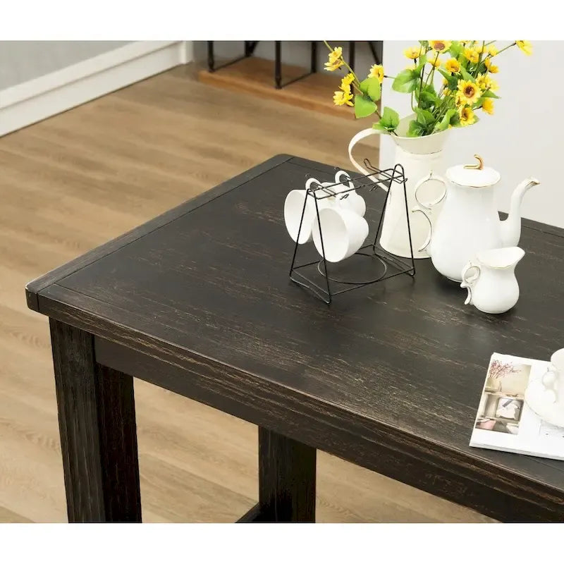 Roundhill Furniture Lotusville 7-PC Antique Black Wood Table with Faux Leather Barstools