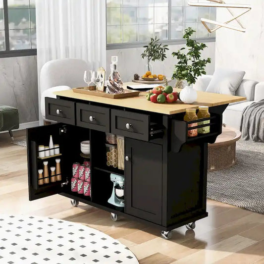 53 in. Rubber Wood Drop-Leaf Countertop Kitchen Island on 5 Wheels with Storage Cabinet and 3 Drawers - 53