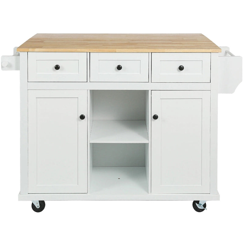 53 in. Rubber Wood Drop-Leaf Countertop Kitchen Island on 5 Wheels with Storage Cabinet and 3 Drawers - 53