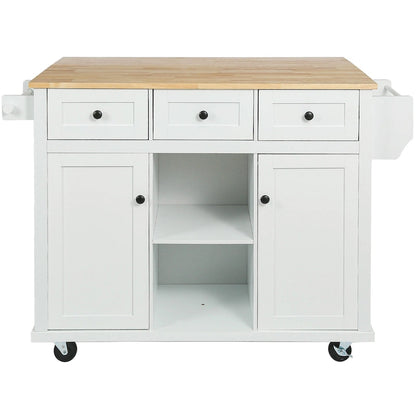 53 in. Rubber Wood Drop-Leaf Countertop Kitchen Island on 5 Wheels with Storage Cabinet and 3 Drawers - 53