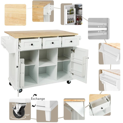 53 in. Rubber Wood Drop-Leaf Countertop Kitchen Island on 5 Wheels with Storage Cabinet and 3 Drawers - 53