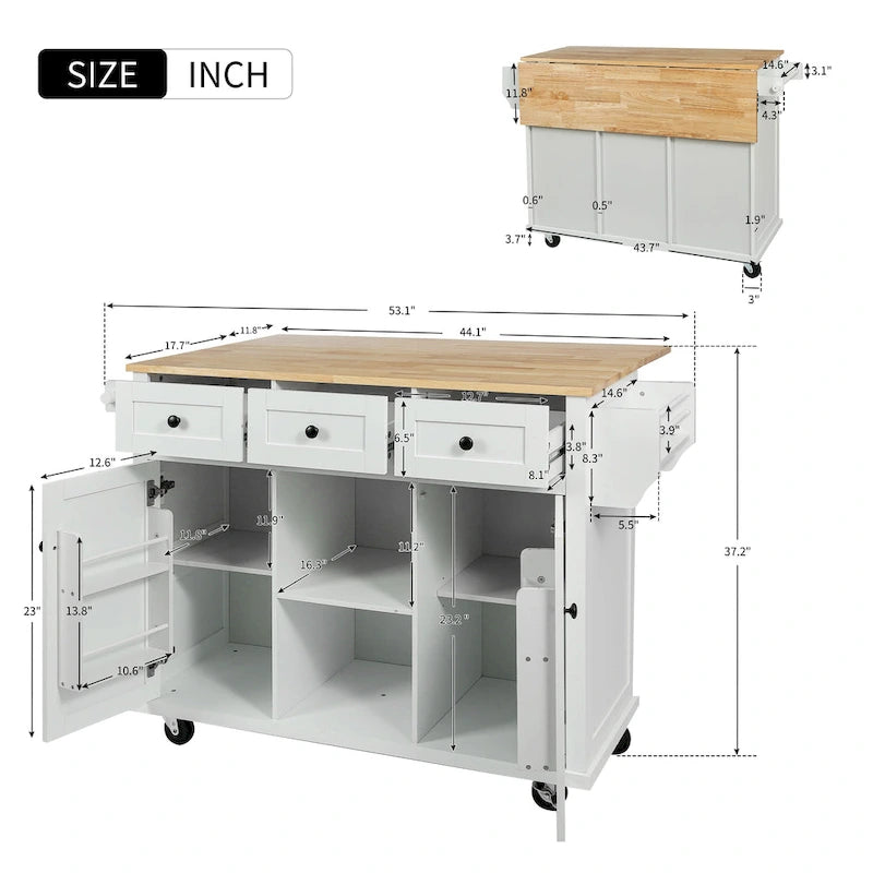 53 in. Rubber Wood Drop-Leaf Countertop Kitchen Island on 5 Wheels with Storage Cabinet and 3 Drawers - 53
