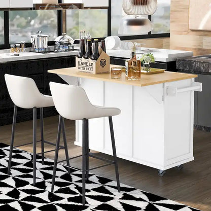 53 in. Rubber Wood Drop-Leaf Countertop Kitchen Island on 5 Wheels with Storage Cabinet and 3 Drawers - 53