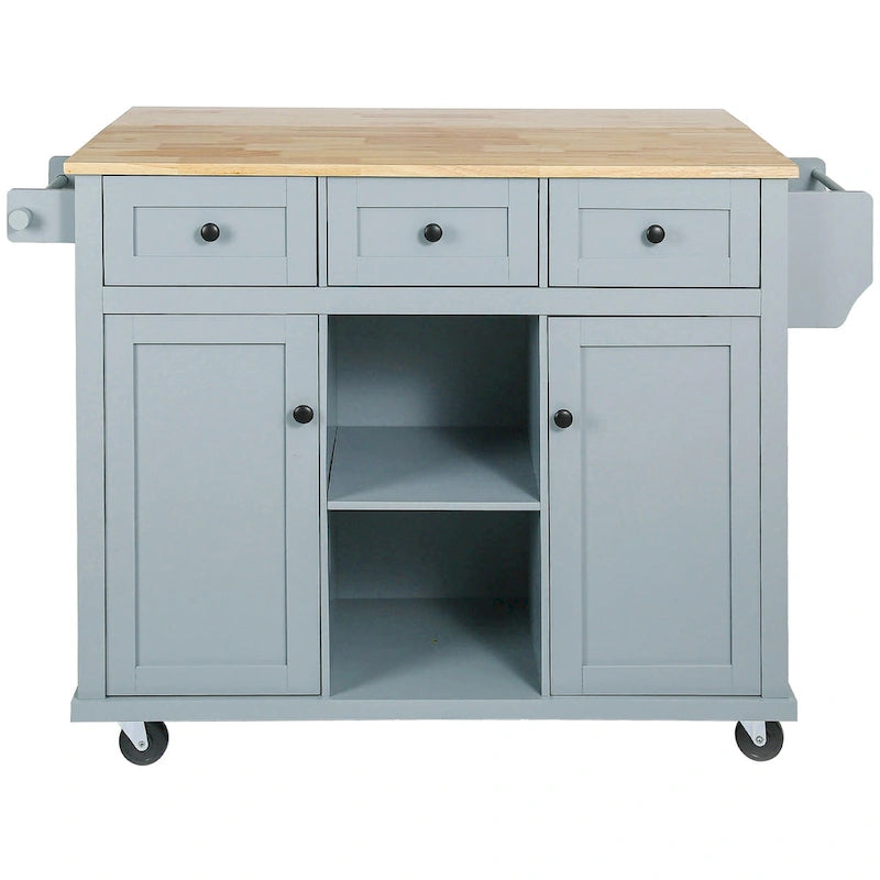 53 in. Rubber Wood Drop-Leaf Countertop Kitchen Island on 5 Wheels with Storage Cabinet and 3 Drawers - 53