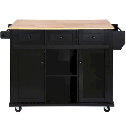53 in. Rubber Wood Drop-Leaf Countertop Kitchen Island on 5 Wheels with Storage Cabinet and 3 Drawers - 53