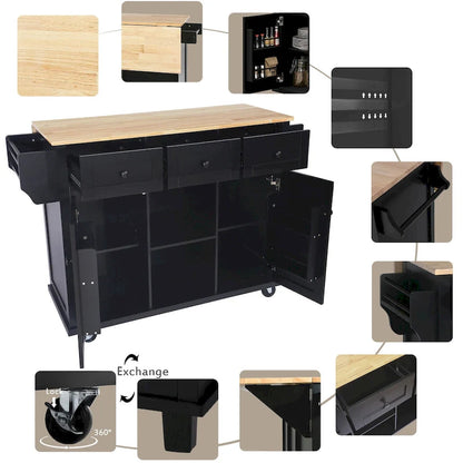 53 in. Rubber Wood Drop-Leaf Countertop Kitchen Island on 5 Wheels with Storage Cabinet and 3 Drawers - 53