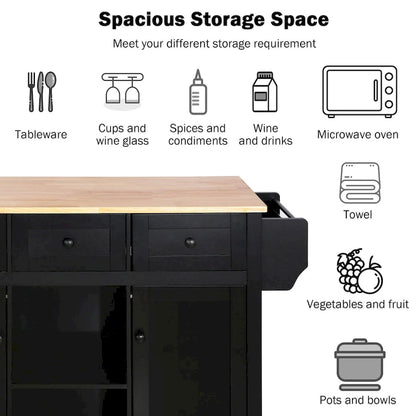 53 in. Rubber Wood Drop-Leaf Countertop Kitchen Island on 5 Wheels with Storage Cabinet and 3 Drawers - 53