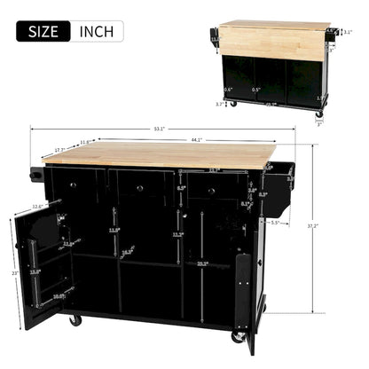 53 in. Rubber Wood Drop-Leaf Countertop Kitchen Island on 5 Wheels with Storage Cabinet and 3 Drawers - 53