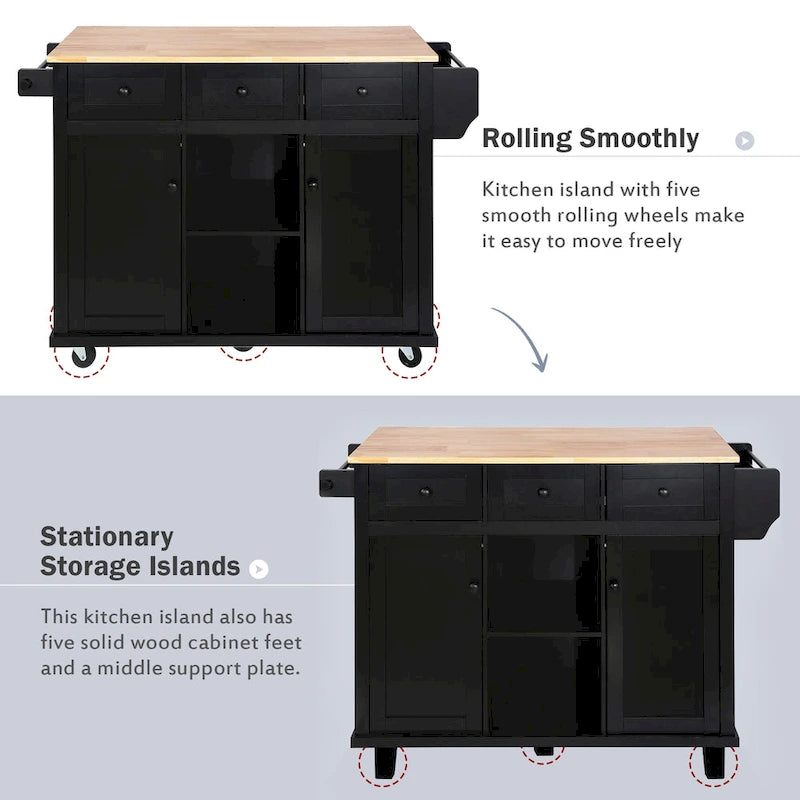 53 in. Rubber Wood Drop-Leaf Countertop Kitchen Island on 5 Wheels with Storage Cabinet and 3 Drawers - 53