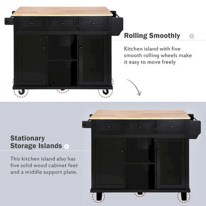 53 in. Rubber Wood Drop-Leaf Countertop Kitchen Island on 5 Wheels with Storage Cabinet and 3 Drawers - 53