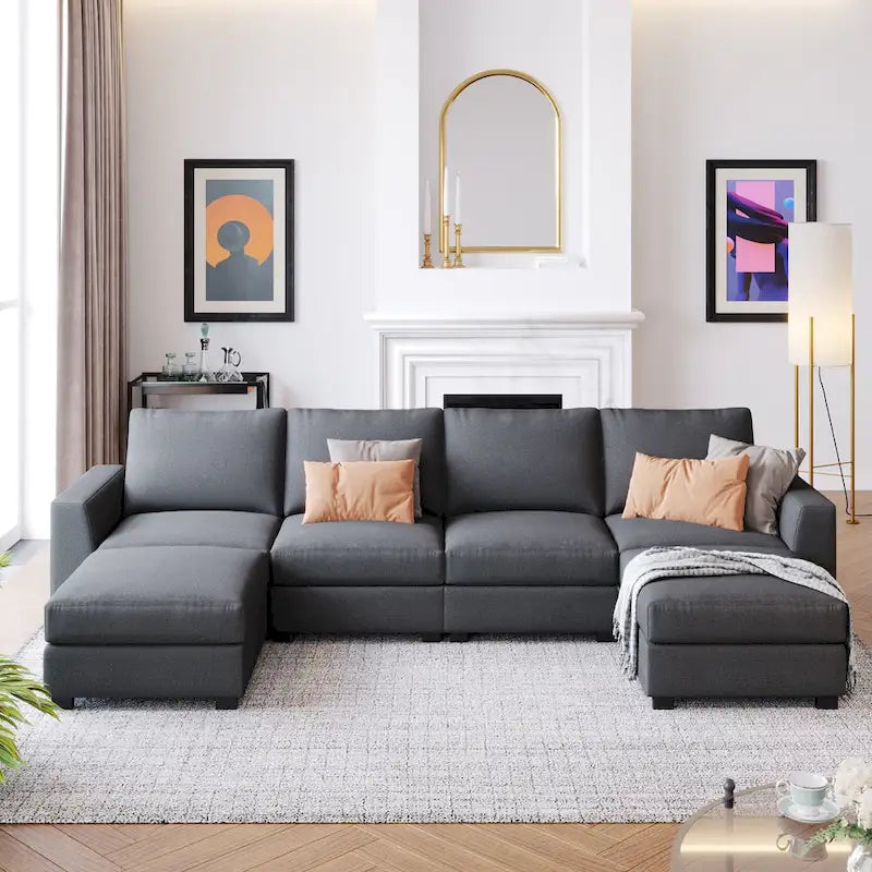 3 Pieces U shaped Sectional Sofa with 2 Removable Ottomans