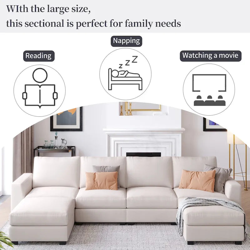3 Pieces U shaped Sectional Sofa with 2 Removable Ottomans