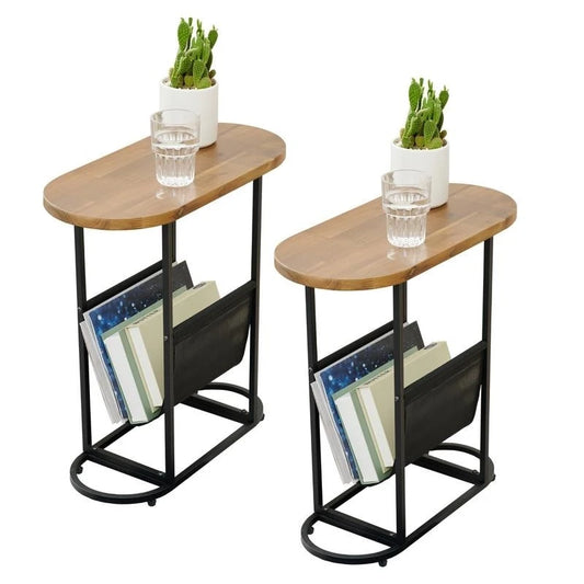 Oval Narrow Side Table Set of 2 End Tables with Organizer Storage