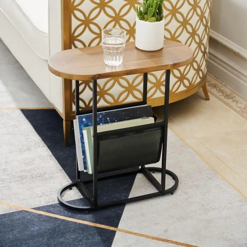 Oval Narrow Side Table Set of 2 End Tables with Organizer Storage