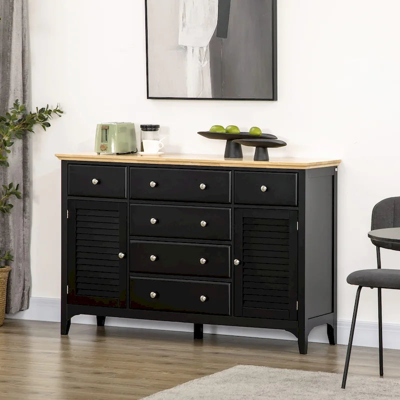 HOMCOM Modern Sideboard with Drawers, Buffet Cabinet with Storage Cabinets, Rubberwood Top and Adjustable Shelves, White