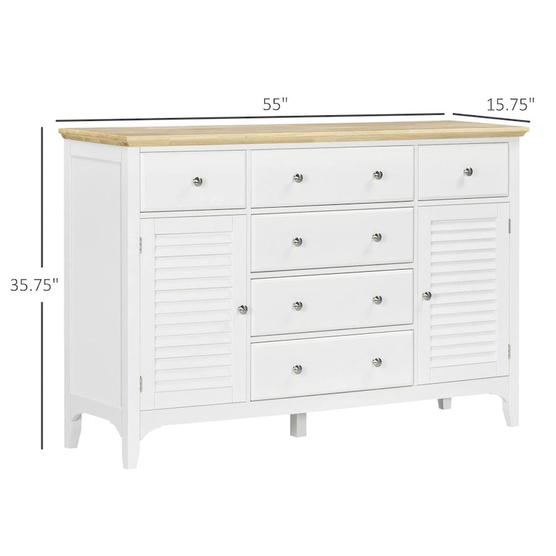 HOMCOM Modern Sideboard with Drawers, Buffet Cabinet with Storage Cabinets, Rubberwood Top and Adjustable Shelves, White