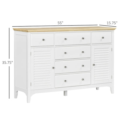 HOMCOM Modern Sideboard with Drawers, Buffet Cabinet with Storage Cabinets, Rubberwood Top and Adjustable Shelves, White