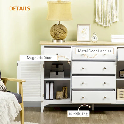 HOMCOM Modern Sideboard with Drawers, Buffet Cabinet with Storage Cabinets, Rubberwood Top and Adjustable Shelves, White