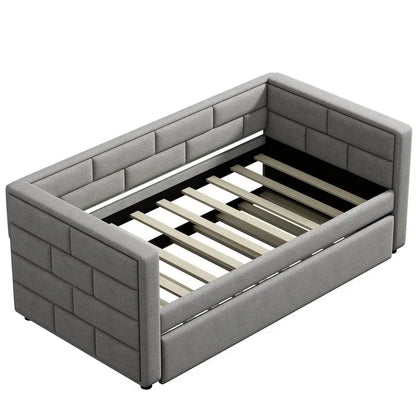 Twin Size Daybed with Trundle, Upholstered Daybed with Padded Back