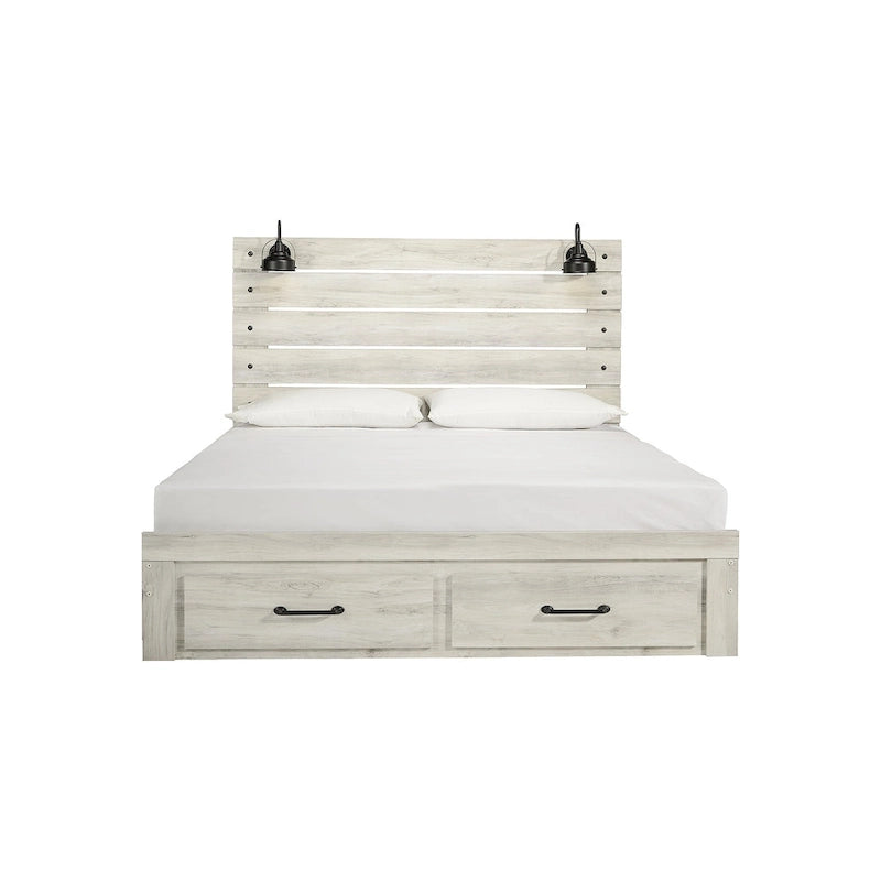 Cambeck Whitewashed Panel Bed w/ 2 Footboard Storage Drawers