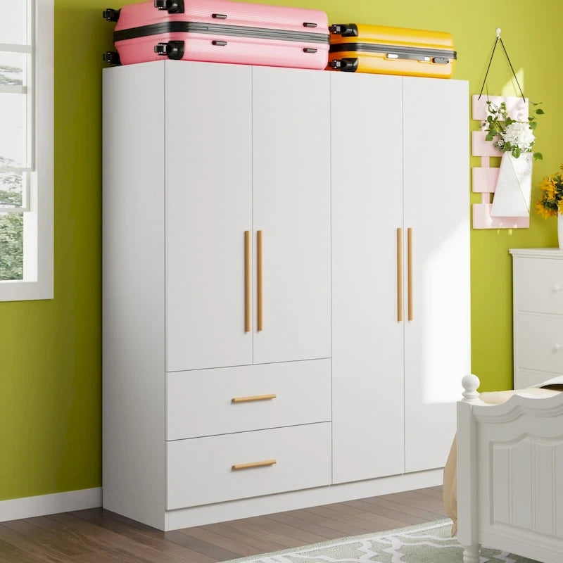 4 Doors Wardrobe Armoire Closet 63 W Bedroom Clothes Storage Cabinet