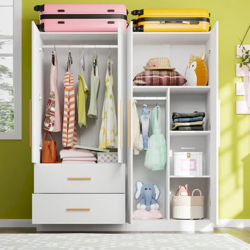 4 Doors Wardrobe Armoire Closet 63 W Bedroom Clothes Storage Cabinet