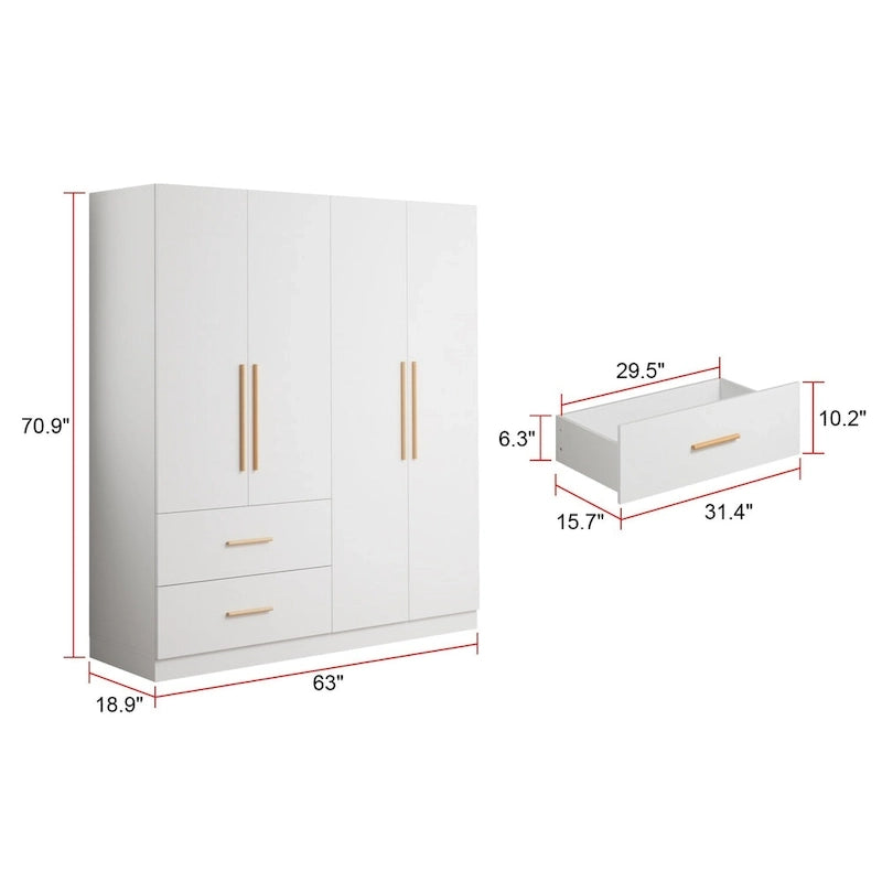 4 Doors Wardrobe Armoire Closet 63 W Bedroom Clothes Storage Cabinet