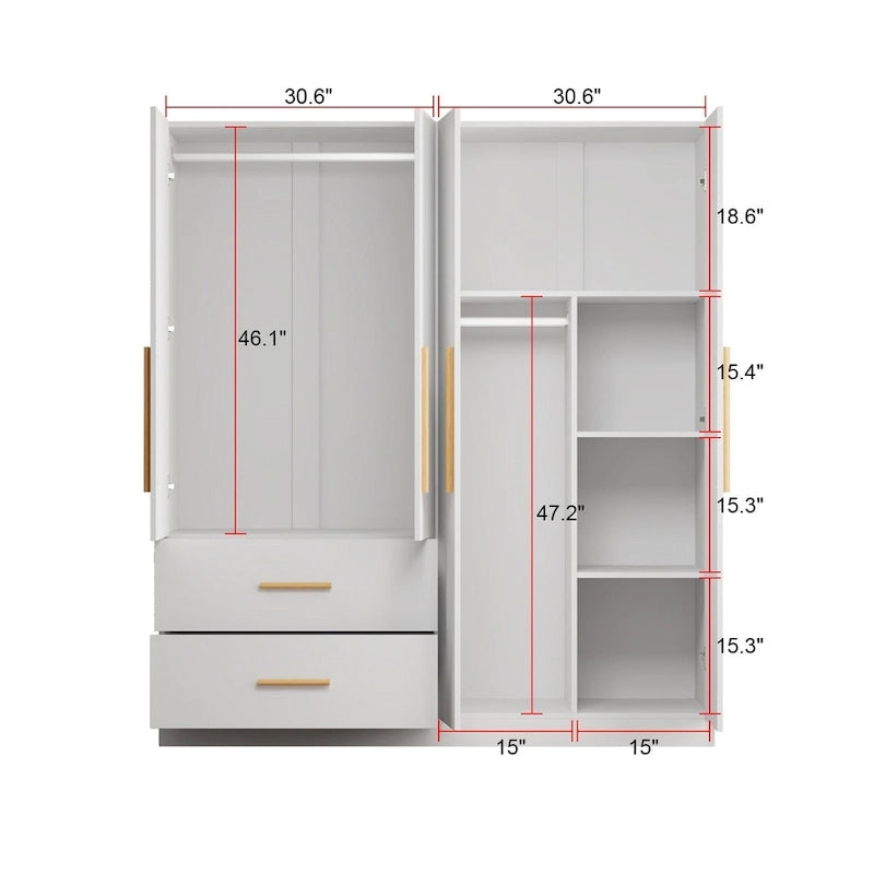 4 Doors Wardrobe Armoire Closet 63 W Bedroom Clothes Storage Cabinet