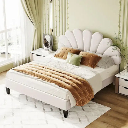 Velvet Upholstered Platform Bed with Flower Pattern Headboard