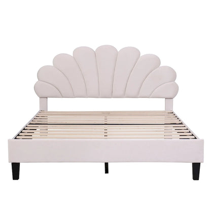 Velvet Upholstered Platform Bed with Flower Pattern Headboard
