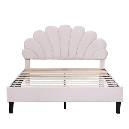 Velvet Upholstered Platform Bed with Flower Pattern Headboard