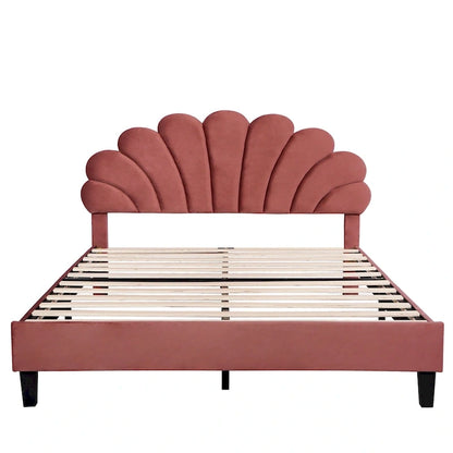 Velvet Upholstered Platform Bed with Flower Pattern Headboard