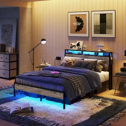 Metal Bed Frame Platform Bed with Storage Headboard LED Lights and Charging Station