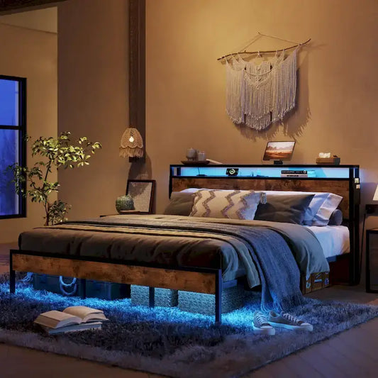Metal Bed Frame Platform Bed with Storage Headboard LED Lights and Charging Station