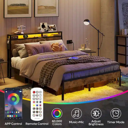 Metal Bed Frame Platform Bed with Storage Headboard LED Lights and Charging Station